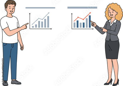Vector illustration of two individuals presenting growth charts, ideal for business analytics, data visualization, and professional communication themes