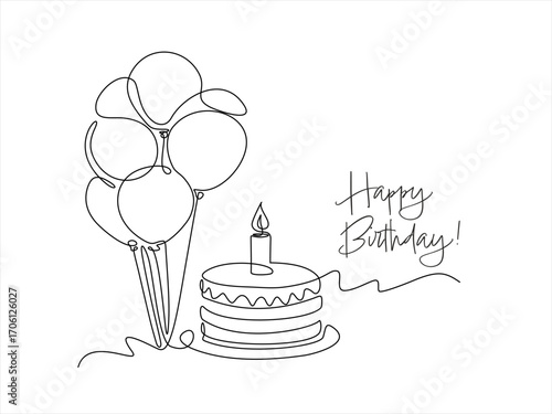 Continuous line drawing of birthday cake with candle and balloons. Birthday cake one line drawing in single line art style. Hand drawn one line vector. Editable stroke	