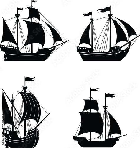 Vintage sailing ships silhouettes collection, historical maritime vessels clipart, old galleon pirate boats, nautical vector art for design projects