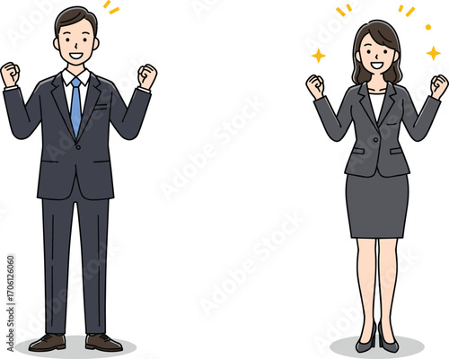 Vector illustration of two excited business professionals celebrating success with raised fists and sparkles, perfect for motivational and corporate themes