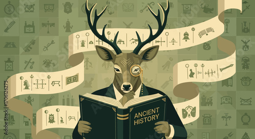 A distinguished gentleman deer wearing a monocle reads from a tome of ancient history, unlocking the secrets of the past from a symbolic scroll