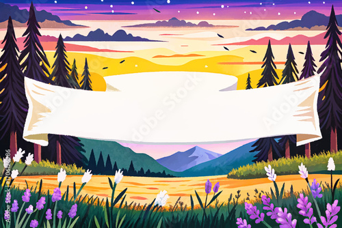 white banner in grassy meadow field, natural wilderness background, outdoor rustic surface, solitude placement, scenic horizon design, creative advertising mockup, dramatic environment landscape