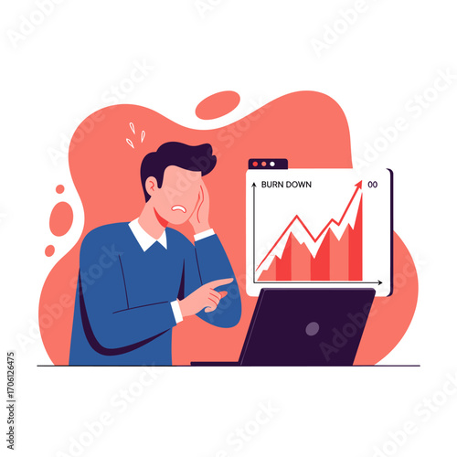 Man stressed by financial chart on laptop screen.