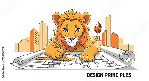 A lion architect working on city blueprints.