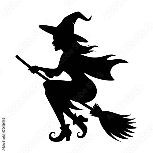 "Flying Witch on Broom Silhouette Vector for Halloween Design"