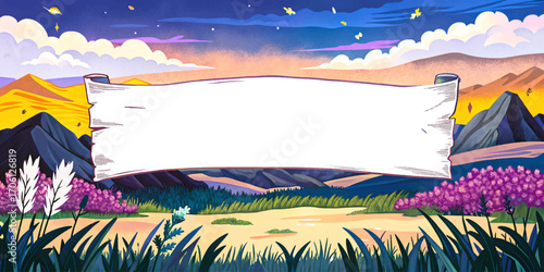 white banner in grassy meadow field, natural wilderness background, outdoor rustic surface, solitude placement, scenic horizon design, creative advertising mockup, dramatic environment landscape