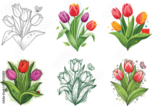 Tulip flower bouquet vector set, sketch, cartoon, pastel, geometric styles, spring floral clipart bundle, seasonal nature icons, decorative design pack