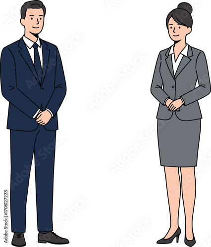 Vector illustration of two professionals in formal business attire standing face-to-face, ideal for corporate settings and workplace themes