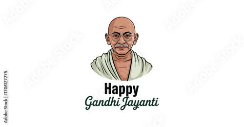 Illustrated portrait of Mahatma Gandhi with “Happy Gandhi Jayanti” text, honoring peace, nonviolence, and India’s independence legacy