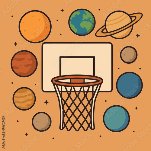 Playful illustration of a basketball hoop surrounded by planets in a space theme