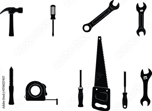 Black and white vector set of hand tools including hammer, screwdrivers, adjustable wrenches, saw, tape measure, and file in silhouette style