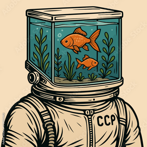 Whimsical astronaut with a fishbowl helmet featuring goldfish and aquatic plants