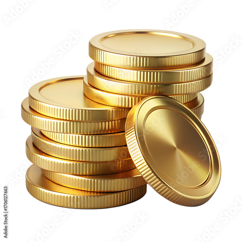 Stack of gold coins with one coin in front isolated on transparent background