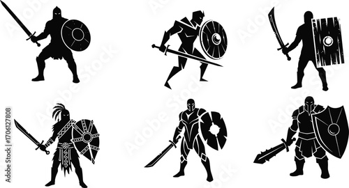Warrior silhouettes with sword and shield, historical and fantasy styles, black and white vector illustration set for battle, combat, and character design