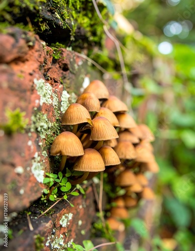 Cluster of mushrooms on a brick wall