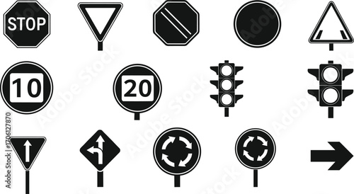 Black and white vector traffic signs set including stop, yield, speed limits 10 and 20, traffic lights, roundabouts, and directional arrows on poles