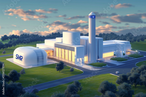 Small modular reactor (SMR) situated amidst contemporary architecture, nuclear energy, compact reactor, reactor plant, nuclear facility, forest landscape, grassy fields