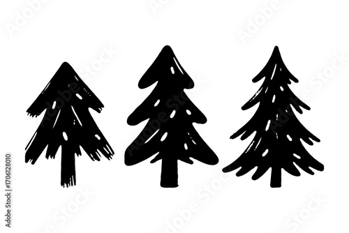 Hand-drawn silhouette of three pine trees in black on white background.