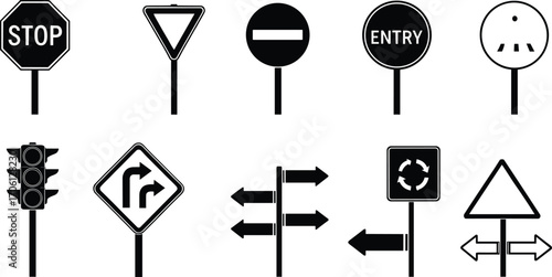 Black and white vector traffic signs set with stop sign, yield sign, no entry, entry, traffic lights, directional arrows, roundabout, and multi-direction arrows