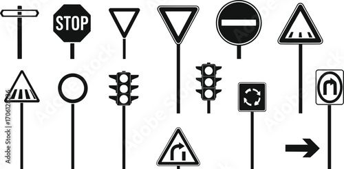 Vector black and white traffic signs set including stop signs, yield signs, traffic lights, directional arrows, roundabout signs, and road safety symbols on poles
