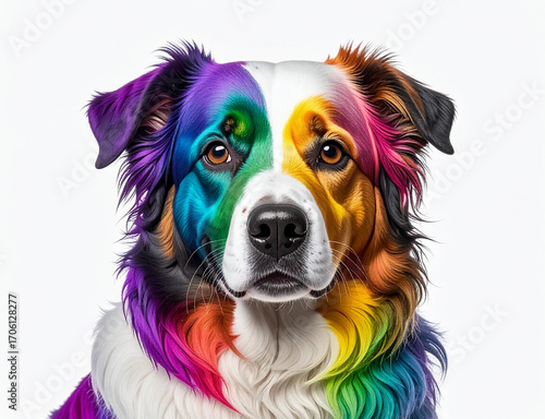 Colorful rainbow dogs portrait collection, artistic vibrant painted fur in multicolored style on white background, creative fantasy animal concept for modern pet art and abstract design
