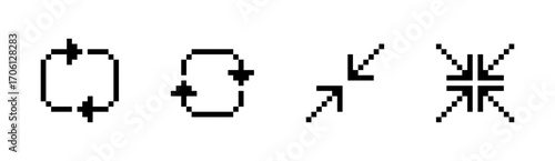 Arrow icons, repeat icons, rotate icons, direction symbols, Pixel art.