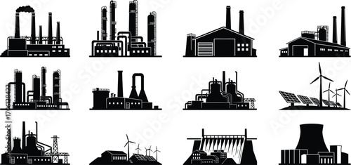 Black and white vector illustration of industrial factories, manufacturing plants, renewable energy wind turbines, solar panels, hydroelectric dam, and nuclear power plant icons