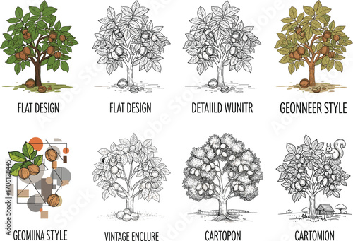 Walnut tree vector illustration set, botanical tree drawings, flat and vintage styles, hand drawn walnut tree art, farming and nut harvest