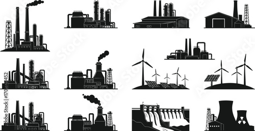 Industrial and renewable energy plants silhouettes including factories, wind turbines, solar panels, hydroelectric dam, and nuclear power station vector icons set