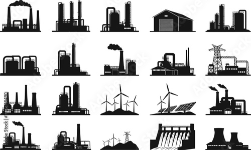 Silhouettes of various industrial factories, power plants, renewable wind turbines, solar panels, hydroelectric dam, and nuclear energy stations vector icon collection