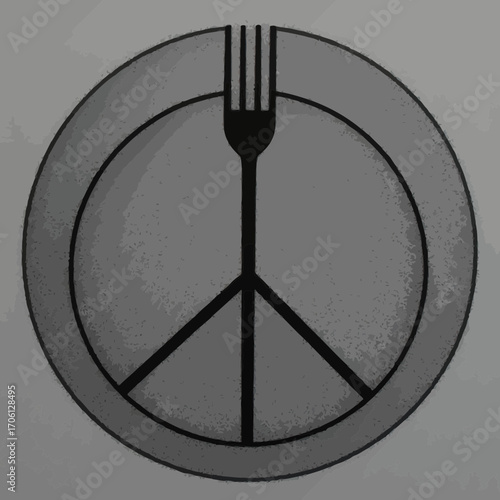 A grayscale illustration combining a peace symbol with a fork, set inside a circular plate, representing food and peace.