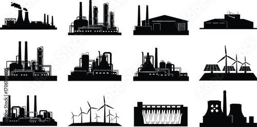 Vector silhouettes of factories, power plants, nuclear stations, renewable wind turbines, solar panels, and hydroelectric dams for energy and industrial concept design