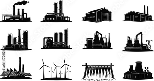 Silhouettes of industrial factories, renewable energy sources including solar panels, wind turbines, hydroelectric dam, and nuclear power plant vector icons set