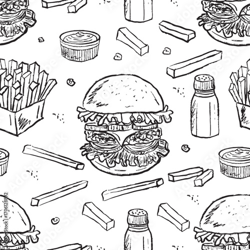 Hand drawn fast food seamless pattern. Tasty hamburger, french fries, salt, pepper and sauce. Vector sketch illustration in vintage crayon style. Menu design, restaurant, cafe