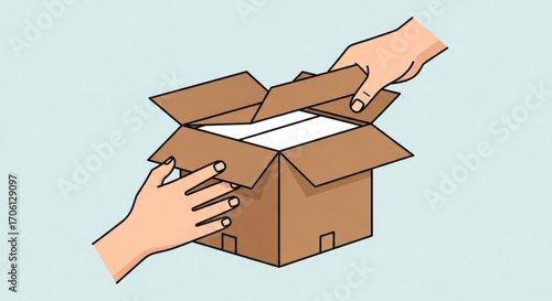 Hands opening a cardboard box, symbolizing delivery, packaging, receiving a gift, or the anticipation of unboxing a product
