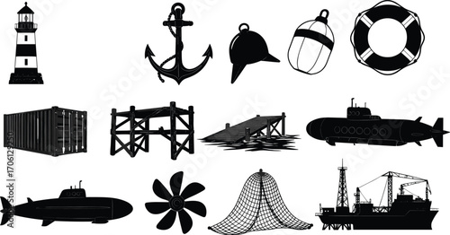 Black silhouette maritime icons set with lighthouse, anchors, buoys, life ring, container, piers, submarines, propeller, fishing net, and offshore oil rig vector illustration.