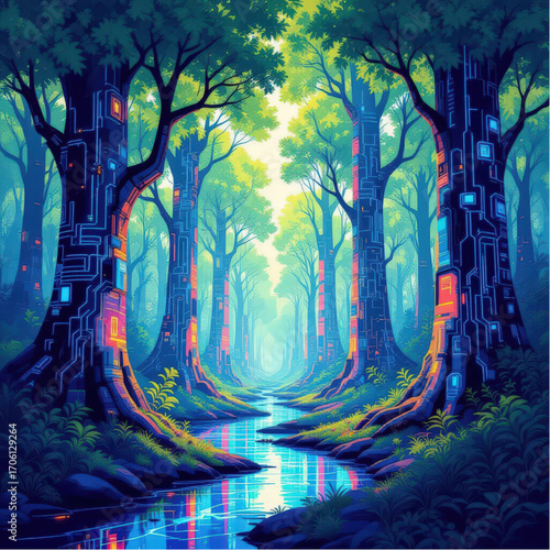 A futuristic forest with glowing circuits within trees, symbolizing harmony of nature and technology.eps