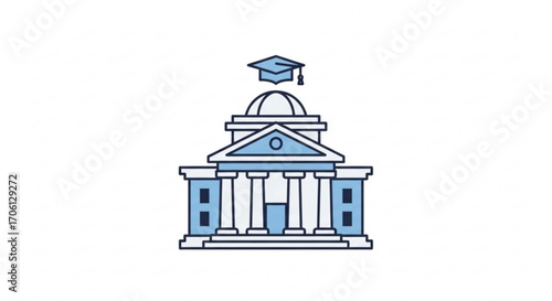 Illustration of a university building with a graduation cap, symbolizing education, learning, and academic achievement