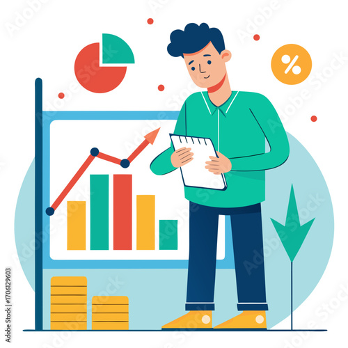 Analyzing growth charts for financial success, a young professional reviews performance metrics and plans strategies for continued revenue increase and market expansion, modern business
