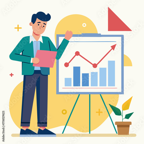 Confident businessman presents positive growth chart, showcasing rising profits and market success, a dynamic presentation for investors and stakeholders, visualizing progress