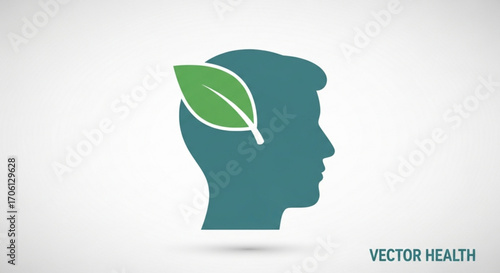 Silhouette of a mans head with a green leaf, , symbolizing ecofriendly thinking and mental wellbeing