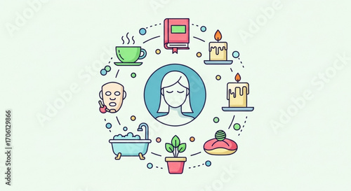 Selfcare and relaxation vector illustration featuring woman, bath, candle, plant, perfume, book, tea, and face mask on light background
