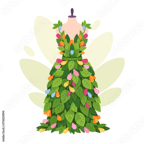 A beautiful dress made of green leaves and colorful flowers on a mannequin.