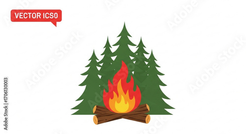 Campfire burning in the forest, vector illustration of a bonfire with trees in the background