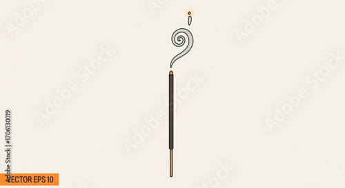 Incense stick, vector illustration of a burning incense stick with smoke and ash, aromatherapy