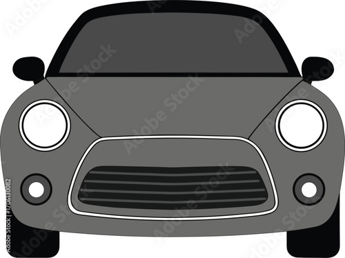 Front view of a modern gray convertible sports car with headlights on