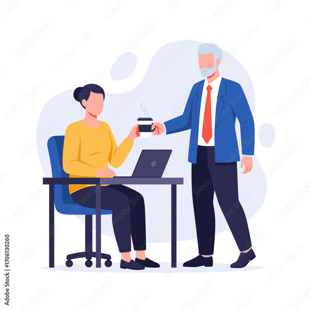 Obraz premium Man giving coffee to woman at desk with laptop.