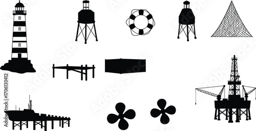 Black silhouette maritime icons set including lighthouse, water tower, life ring, fishing net, dock, cargo container, ship, propellers, and offshore oil rig vector illustration.