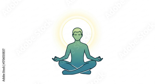 Meditating person in lotus position with glowing aura, symbolizing mindfulness, peace, and spiritual wellness