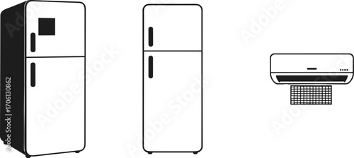 Black silhouette vector set of household appliances including two refrigerators and one air conditioner for home and kitchen use